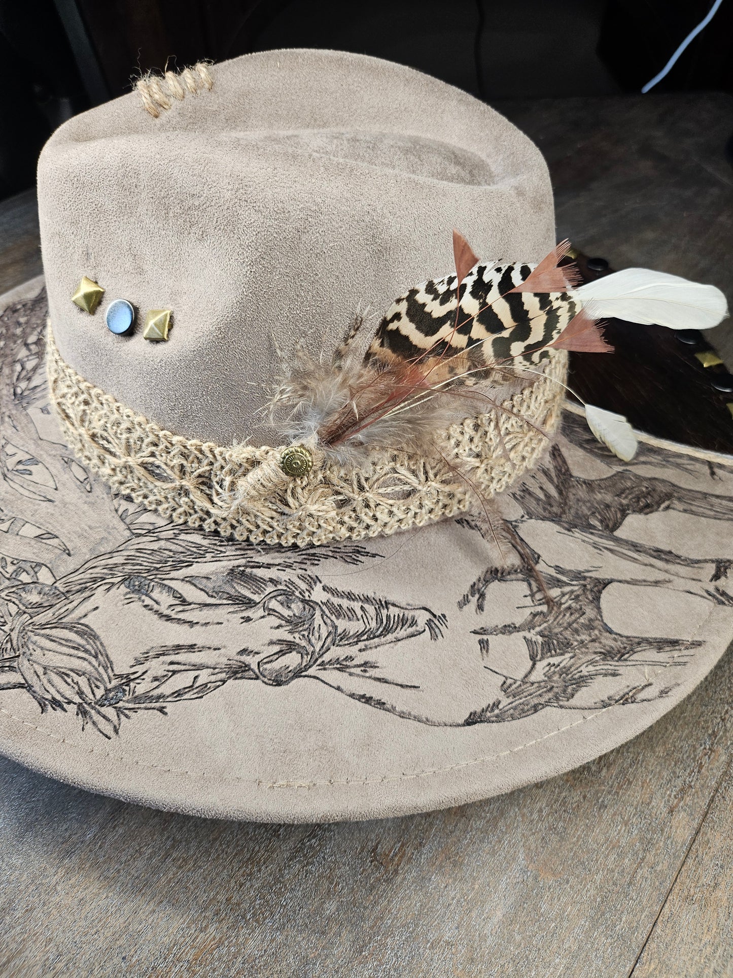Fedora-Style Cowboy Hat Hand Burned With Horse And Weeping Willow