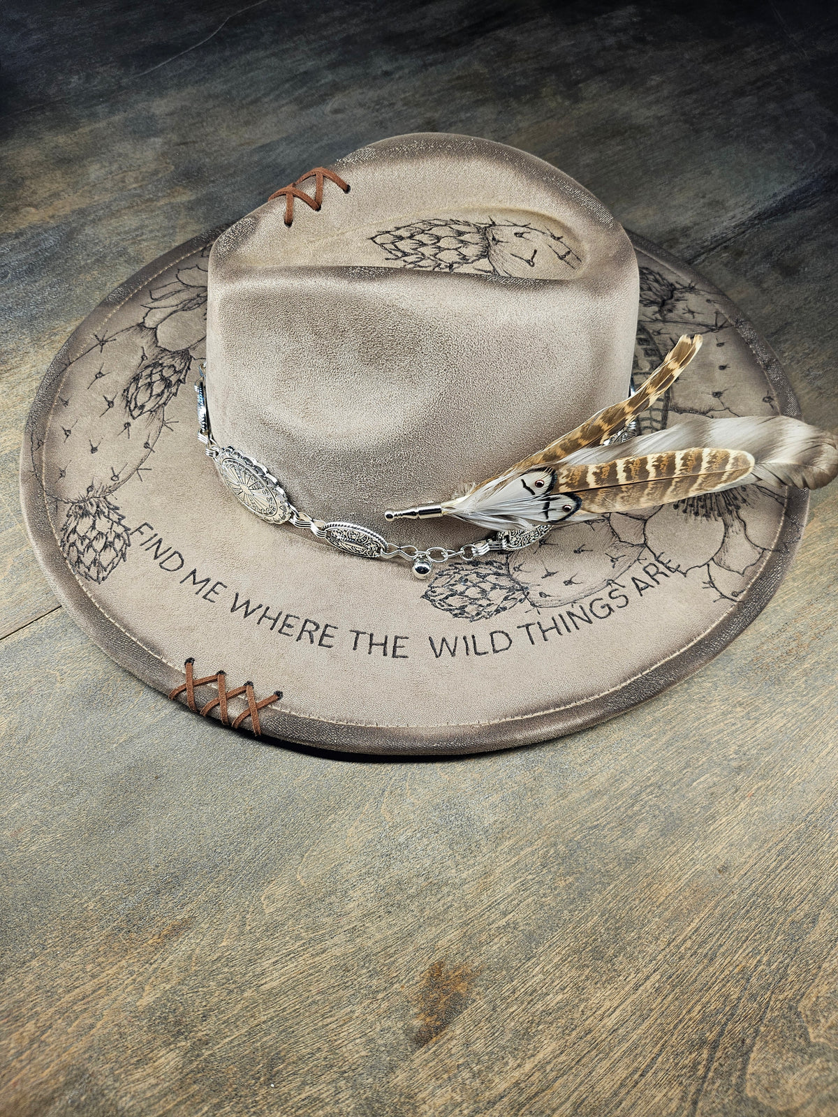 Fedora Cowboy Hat "find me where the wild things are" hand burned with cactus
