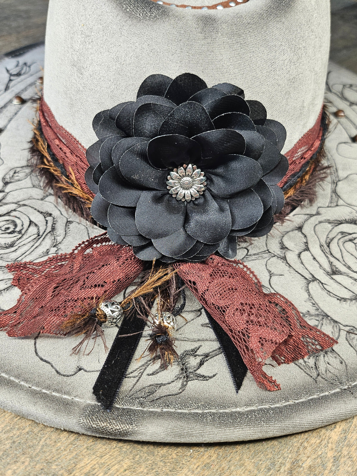 Grey Suede Hand Burned Fedora Style Cowboy Hat With Roses