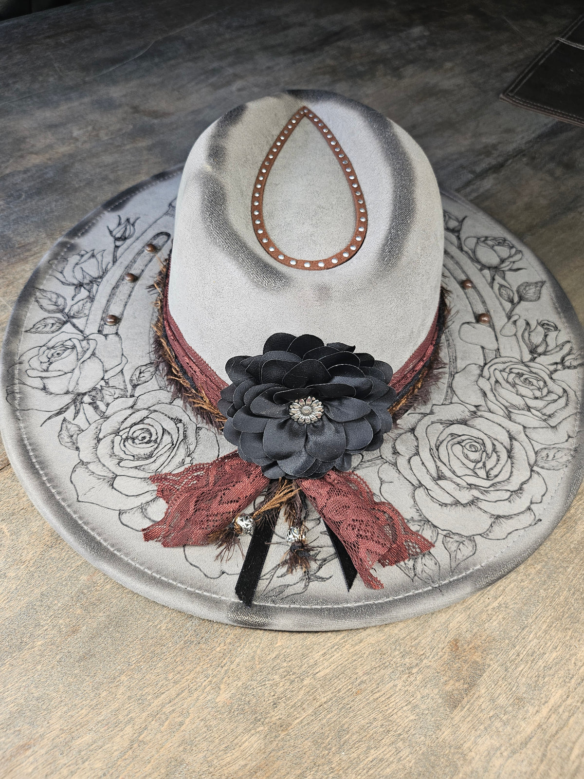 Grey Suede Hand Burned Fedora Style Cowboy Hat With Roses