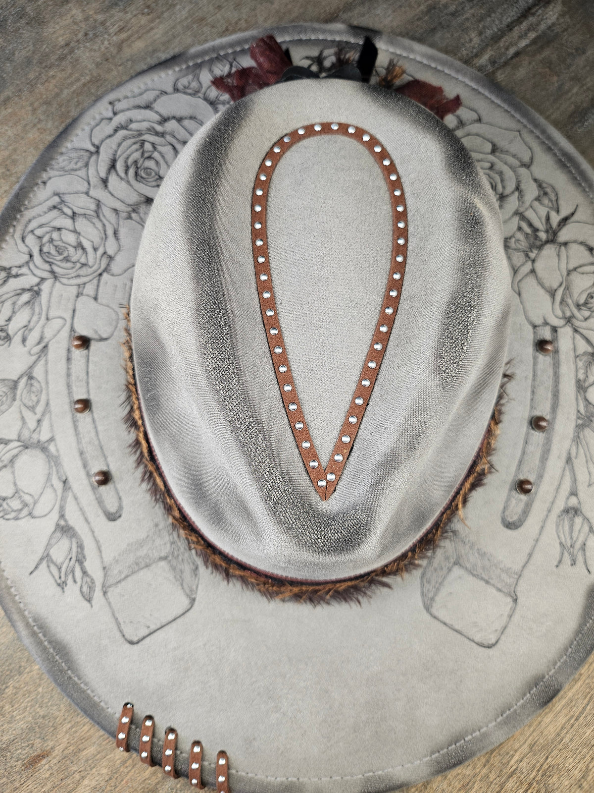 Grey Suede Hand Burned Fedora Style Cowboy Hat With Roses