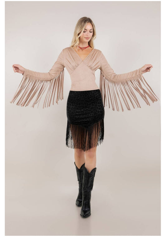 Tan Fringe Sleeve Suede Fabric Top