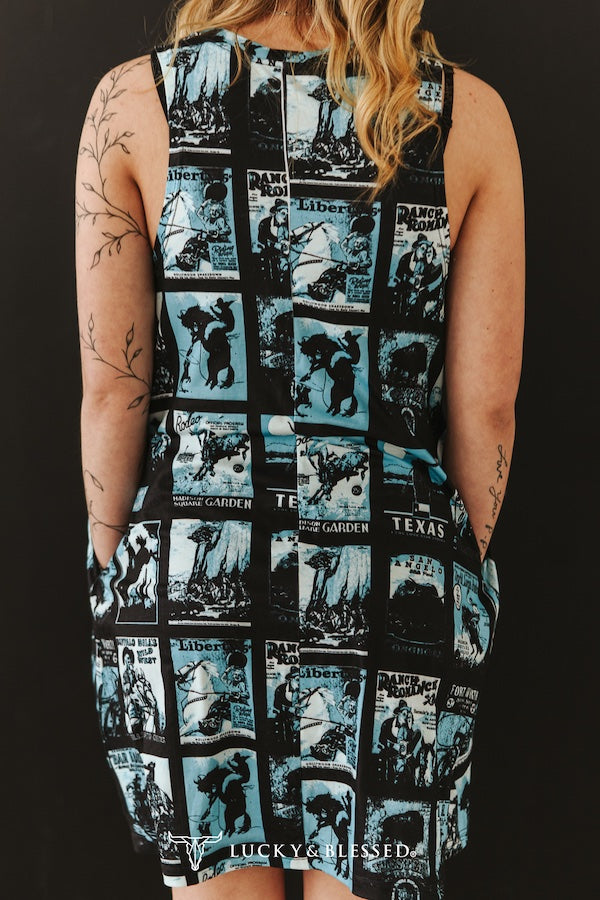 Black and Turquoise Western Print Sleeveless Dress