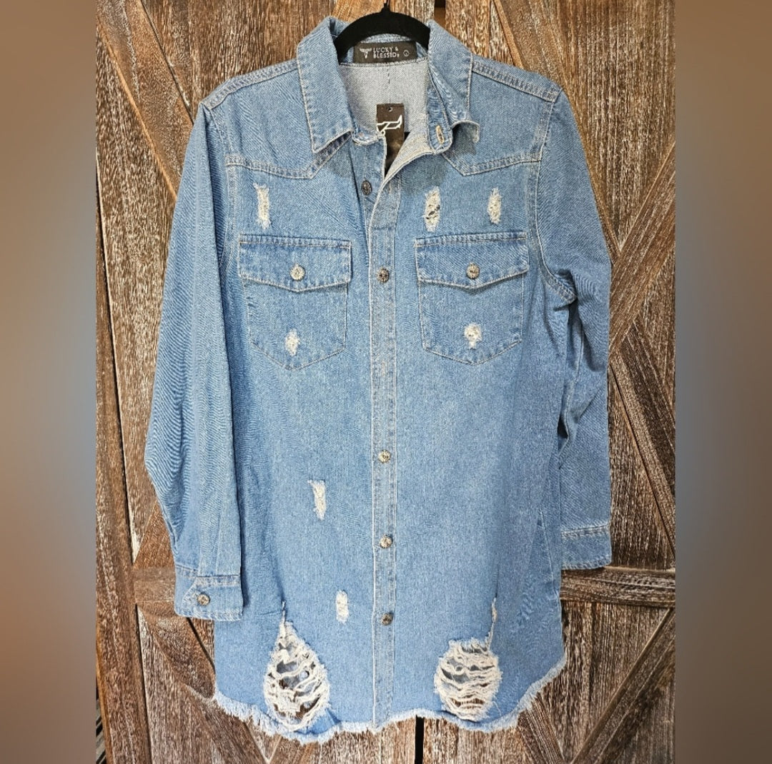Stylish Distressed medium wash Blue Denim Jacket Top
