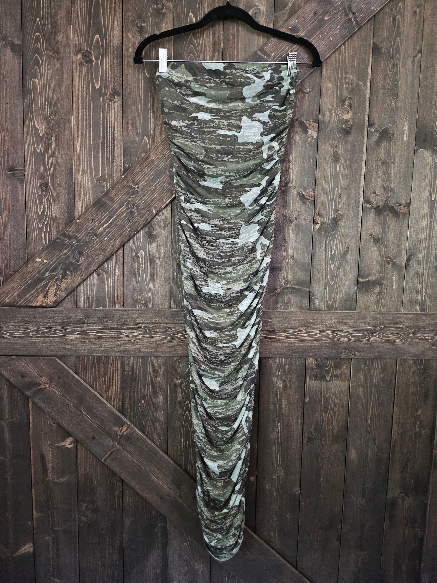 Camo Burnout Printed Ruched Strapless Maxi Dress