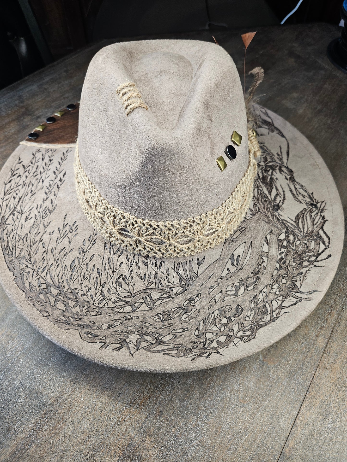 Fedora-Style Cowboy Hat Hand Burned With Horse And Weeping Willow