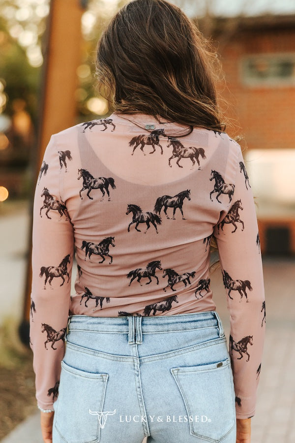 Dusty Rose Horse Printed Long Sleeve Mesh Top