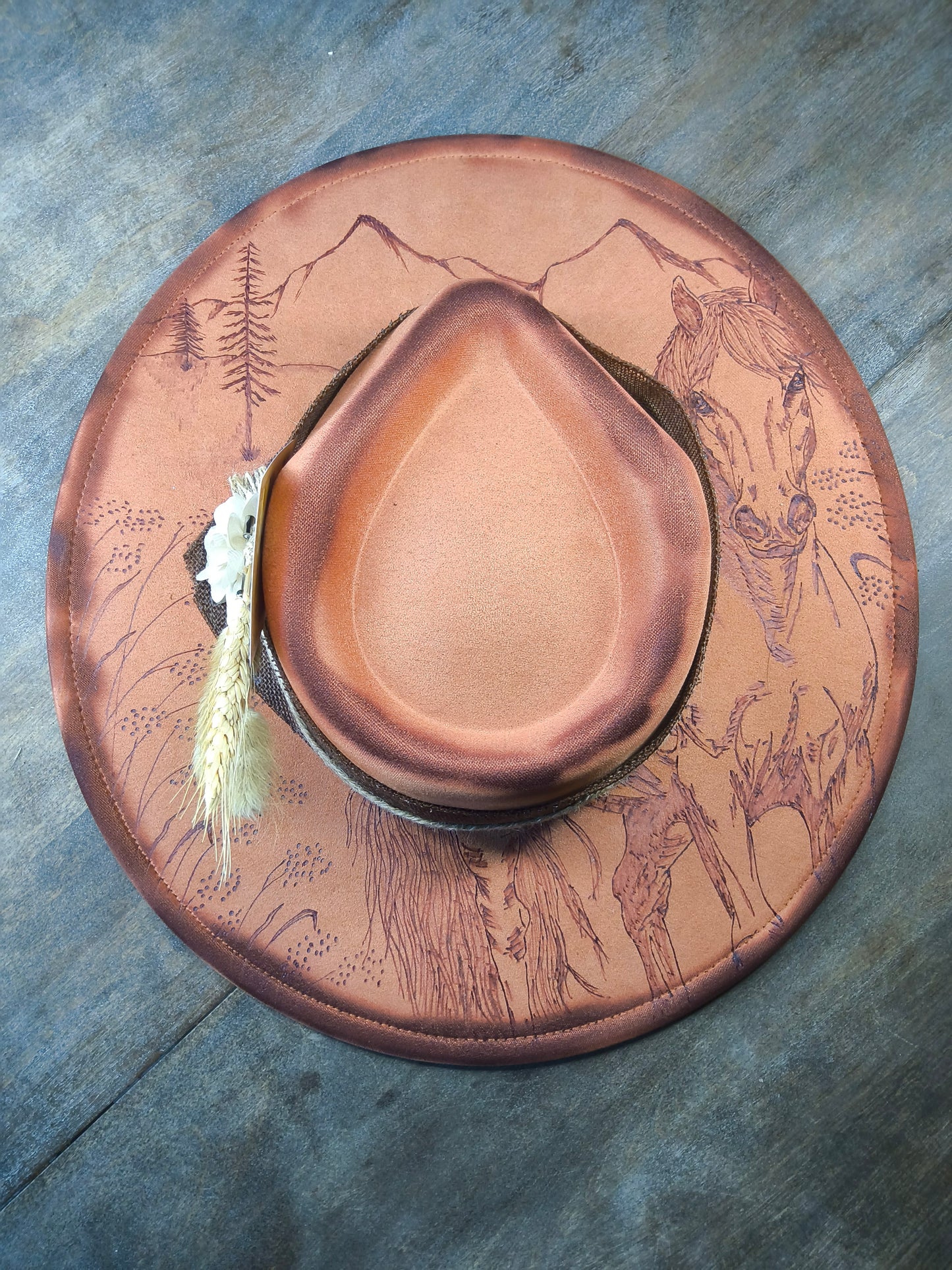 Fedora-Style Cowboy Hat WithHand Burned Horse Scene