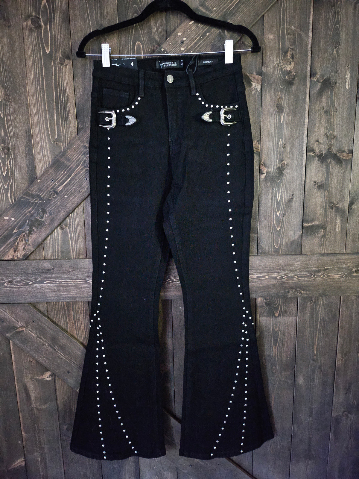 Black Vintage Studded Front Side Buckle Pants
