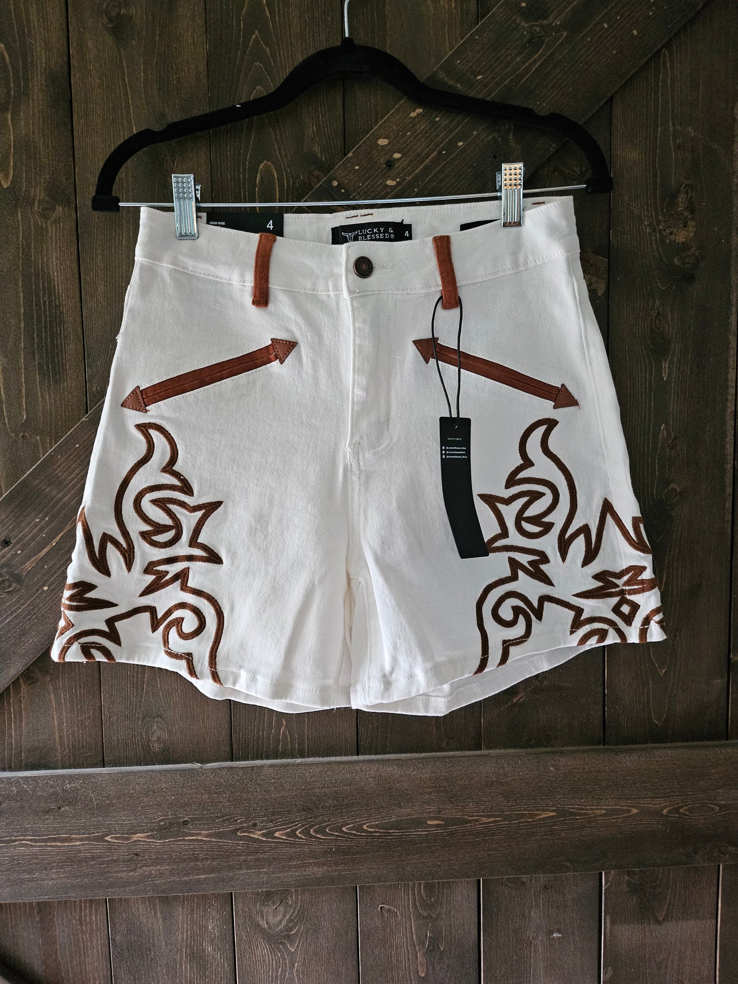 Ivory Embroidered Shorts with Brown Trim Western Pocket Boot-stitch