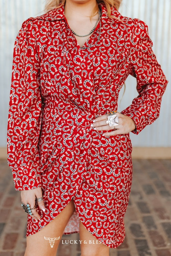 Red wrap dress with western horse shoe print