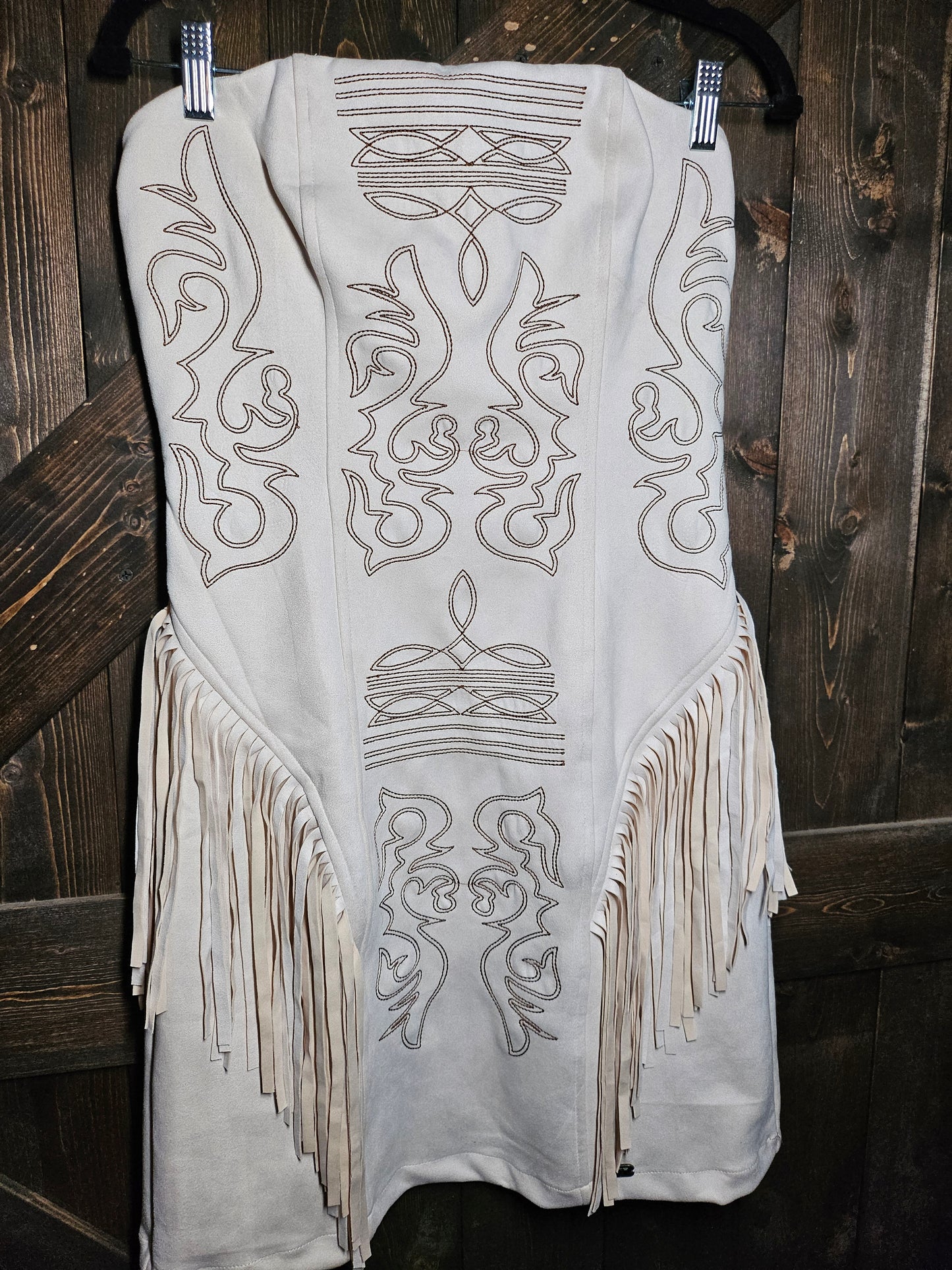 Ivory Suede Boot Stitch Embroidered Fringe Dress