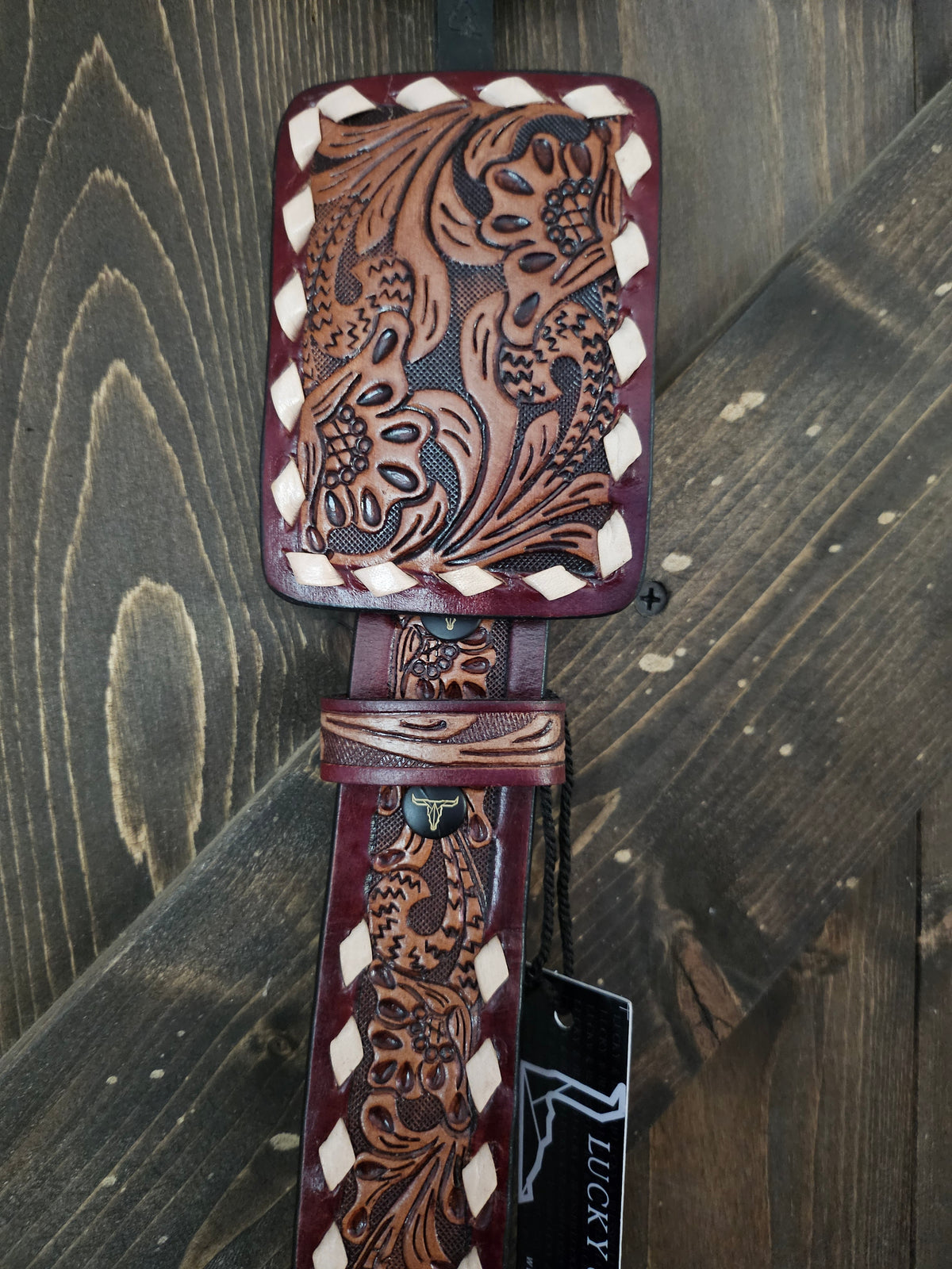 Brown Tooled Western Leather Belt W Floral Detail