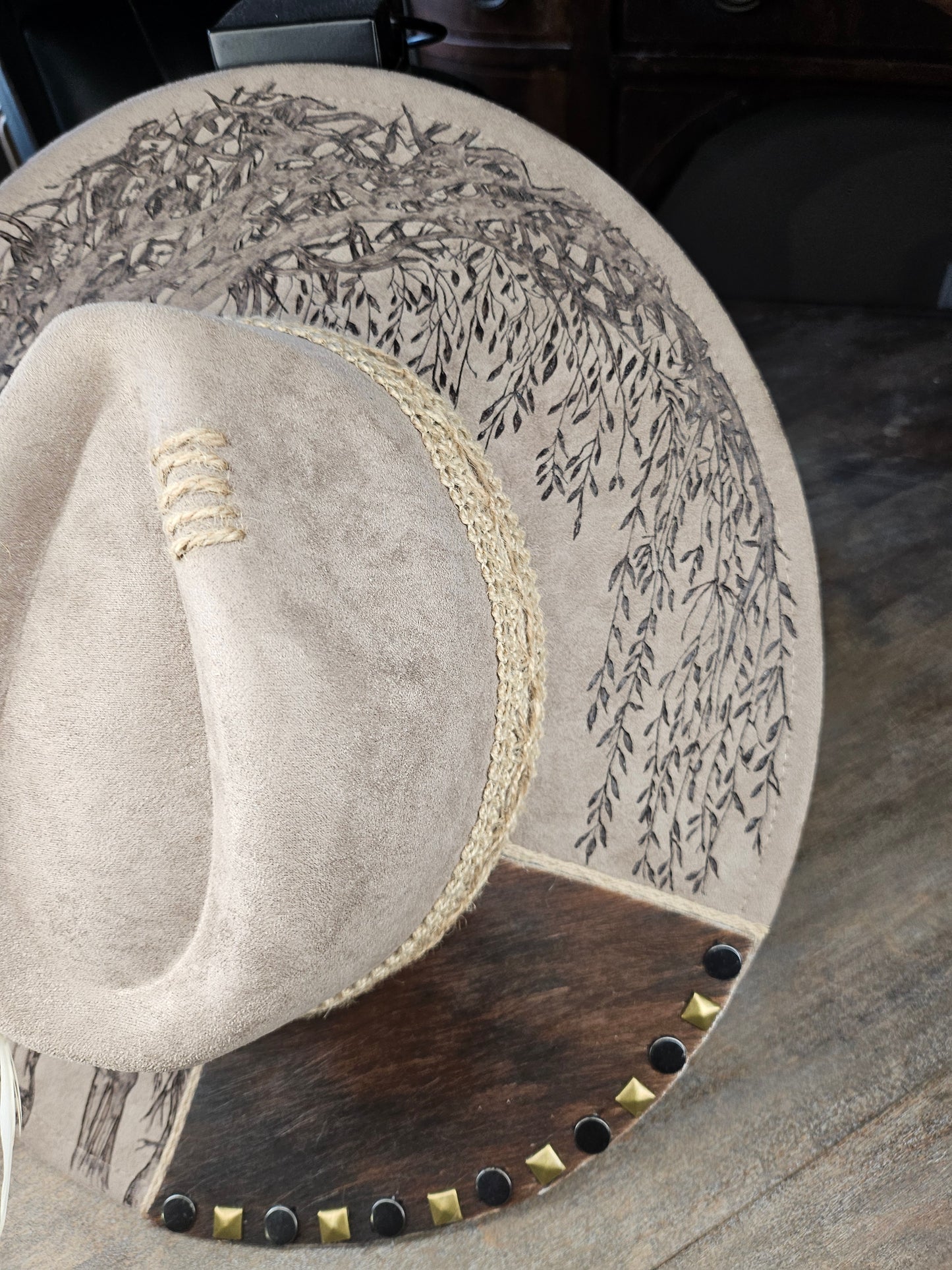 Fedora-Style Cowboy Hat Hand Burned With Horse And Weeping Willow