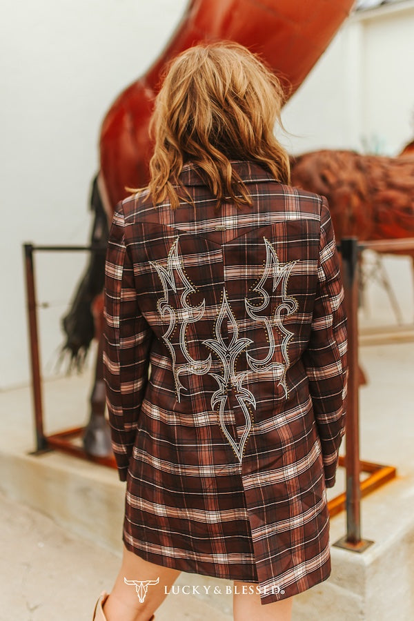 Brown Plaid Boot Stitch Embroidered Blazer Jacket