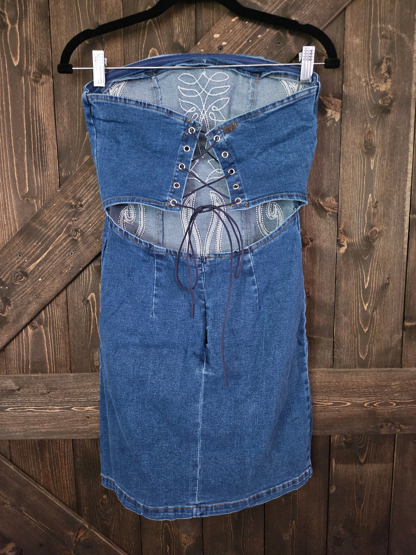 Mid Wash Stretch Denim Boot-stitch Corset Dress