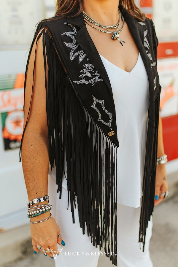 Western Fringe Black Cape With Embroidered Boot-stitched