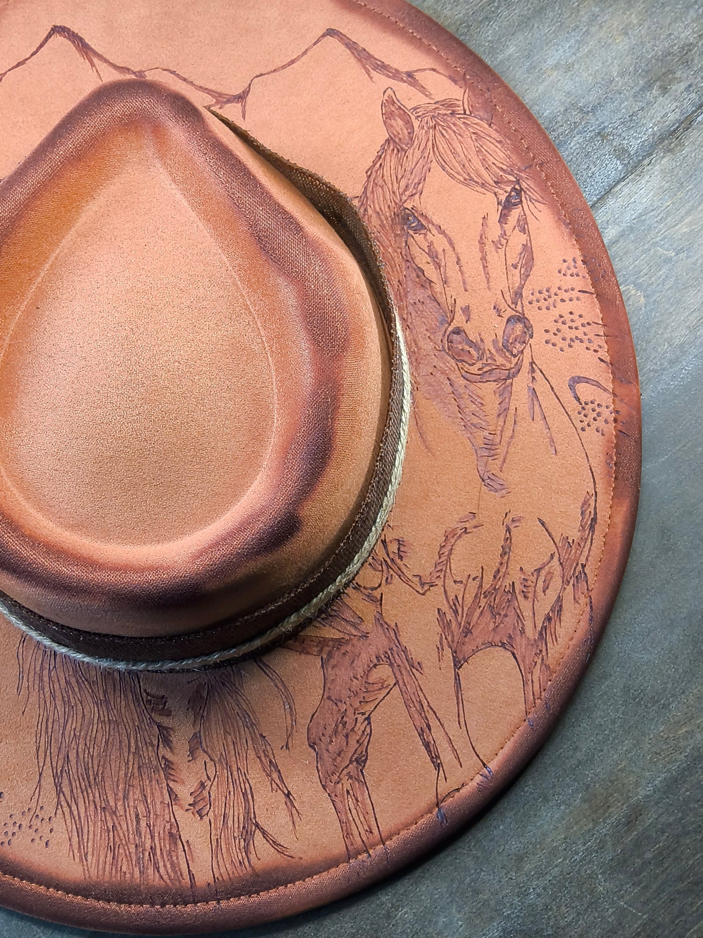 Fedora-Style Cowboy Hat WithHand Burned Horse Scene
