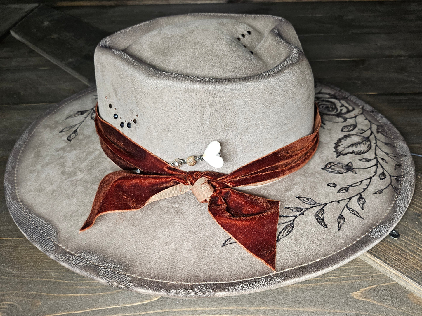 Fedora-Style Cowboy Hat With Heart Top, Hand Burned With Roses and Rhinestones