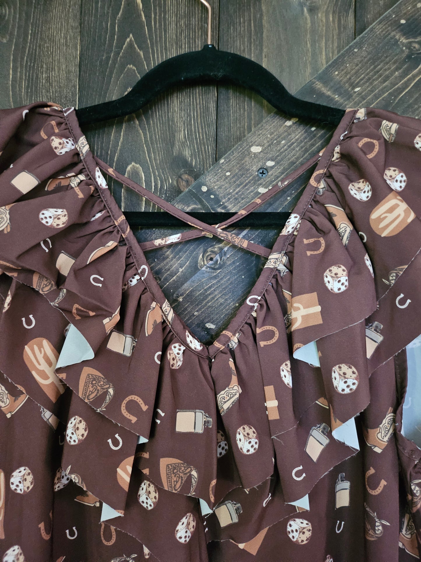 Brown Pocket Dress Double Ruffle CrissCross Back Detail