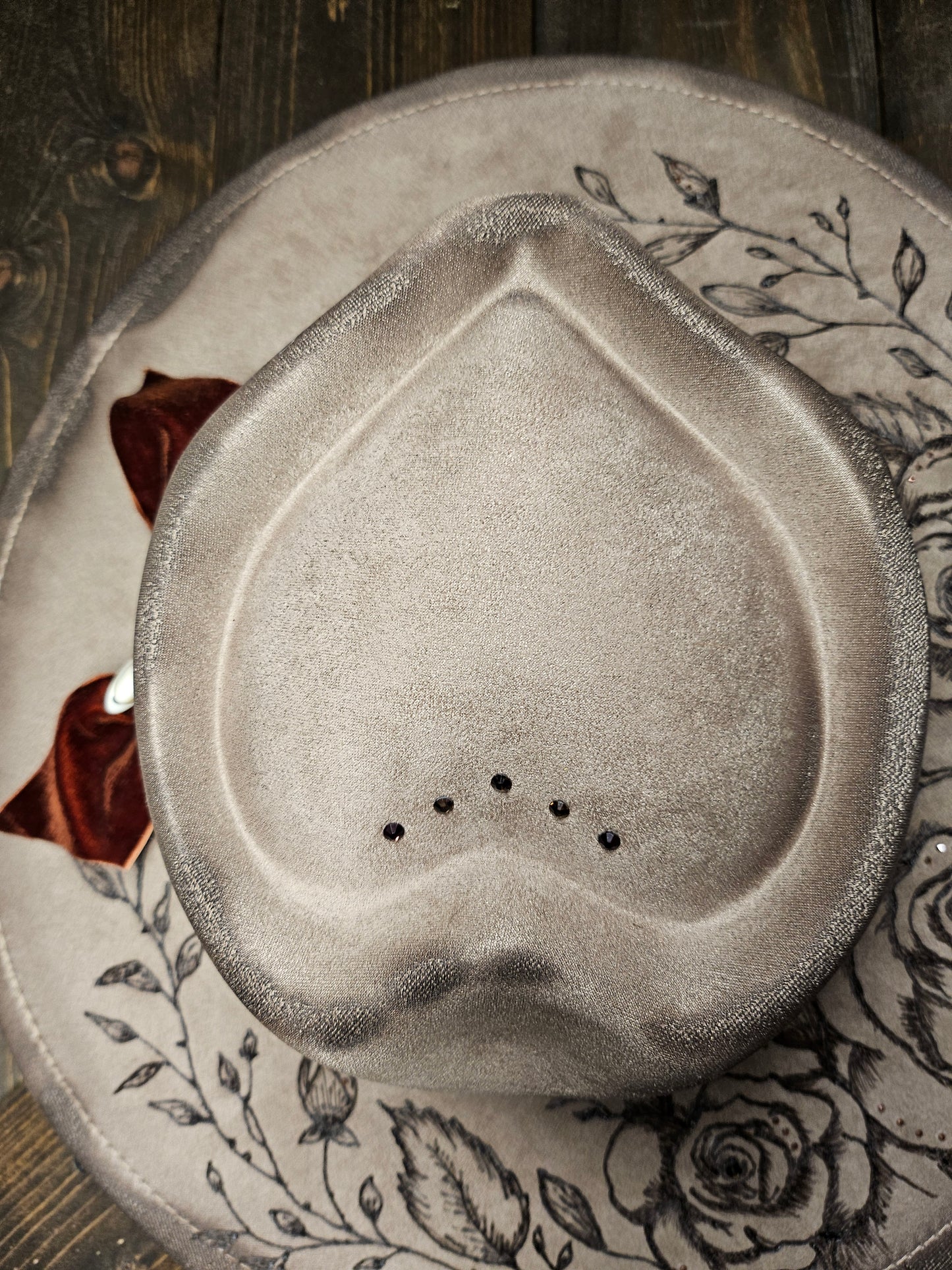 Fedora-Style Cowboy Hat With Heart Top, Hand Burned With Roses and Rhinestones