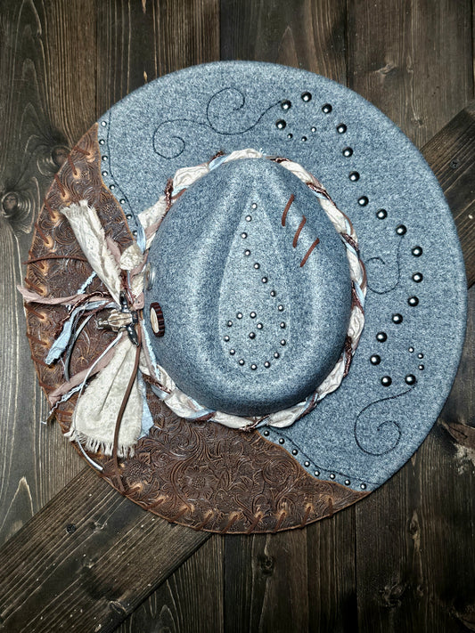 Fedora-Style Cowboy Hat Hand Burned With Embossed Leather