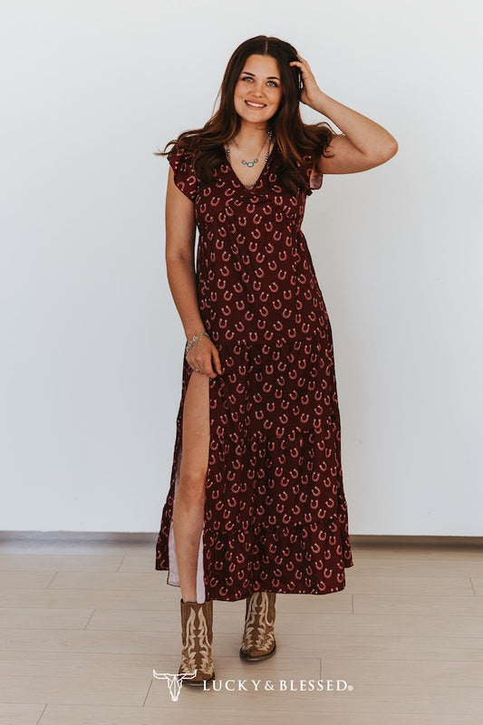 Wine Red Horse Shoe Short Sleeve Ruffle Tier Dress