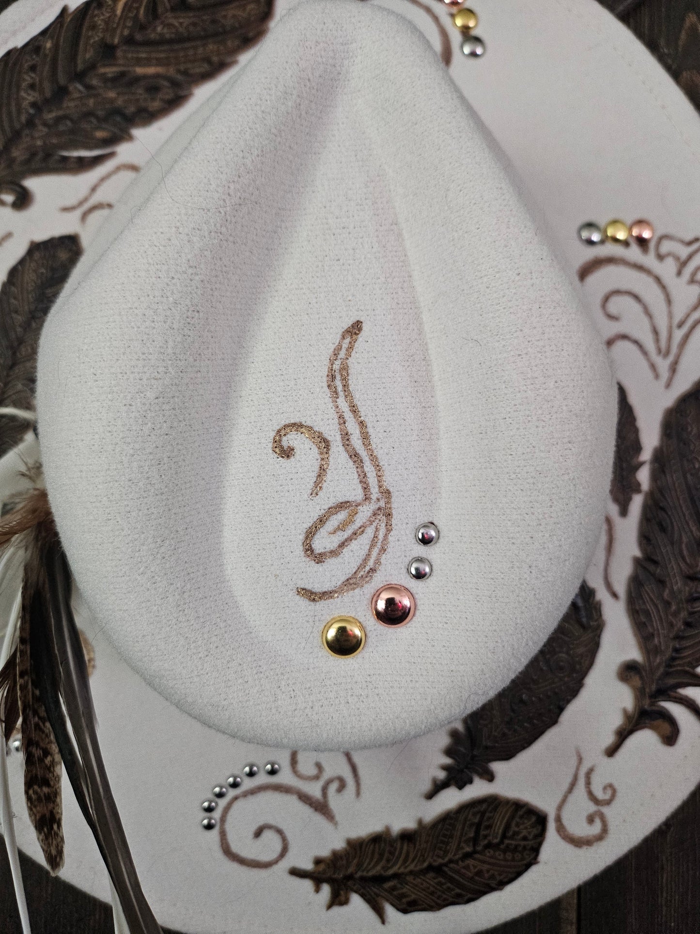 "Feathers in the wind" burned Fedora cowboy hat.