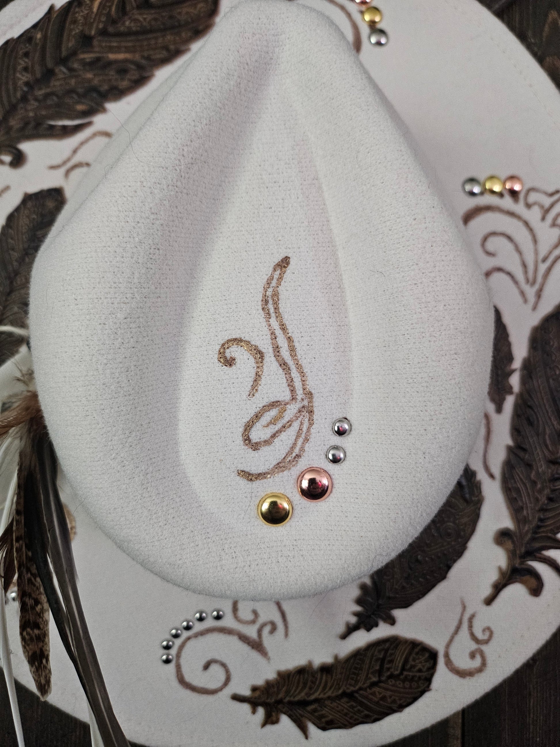 "Feathers in the wind" burned Fedora cowboy hat.