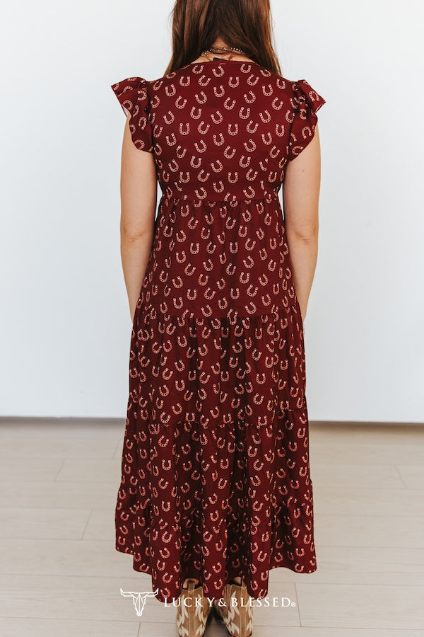 Wine Red Horse Shoe Short Sleeve Ruffle Tier Dress