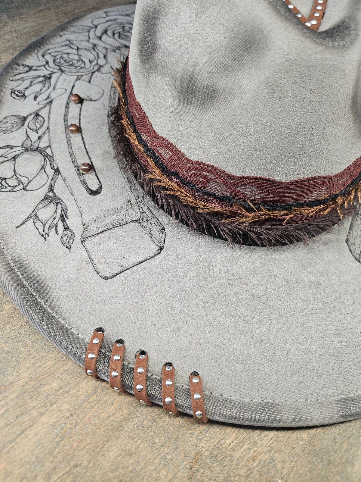 Grey Suede Hand Burned Fedora Style Cowboy Hat With Roses