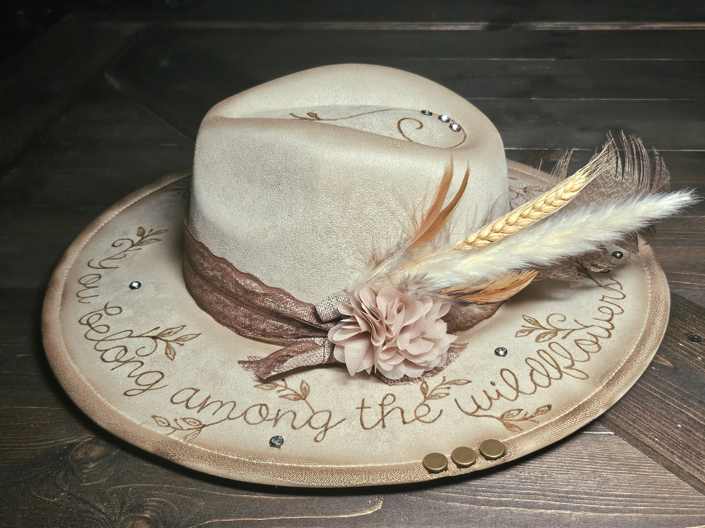 Western Fedora cowboy hat hand burned with rhinestones