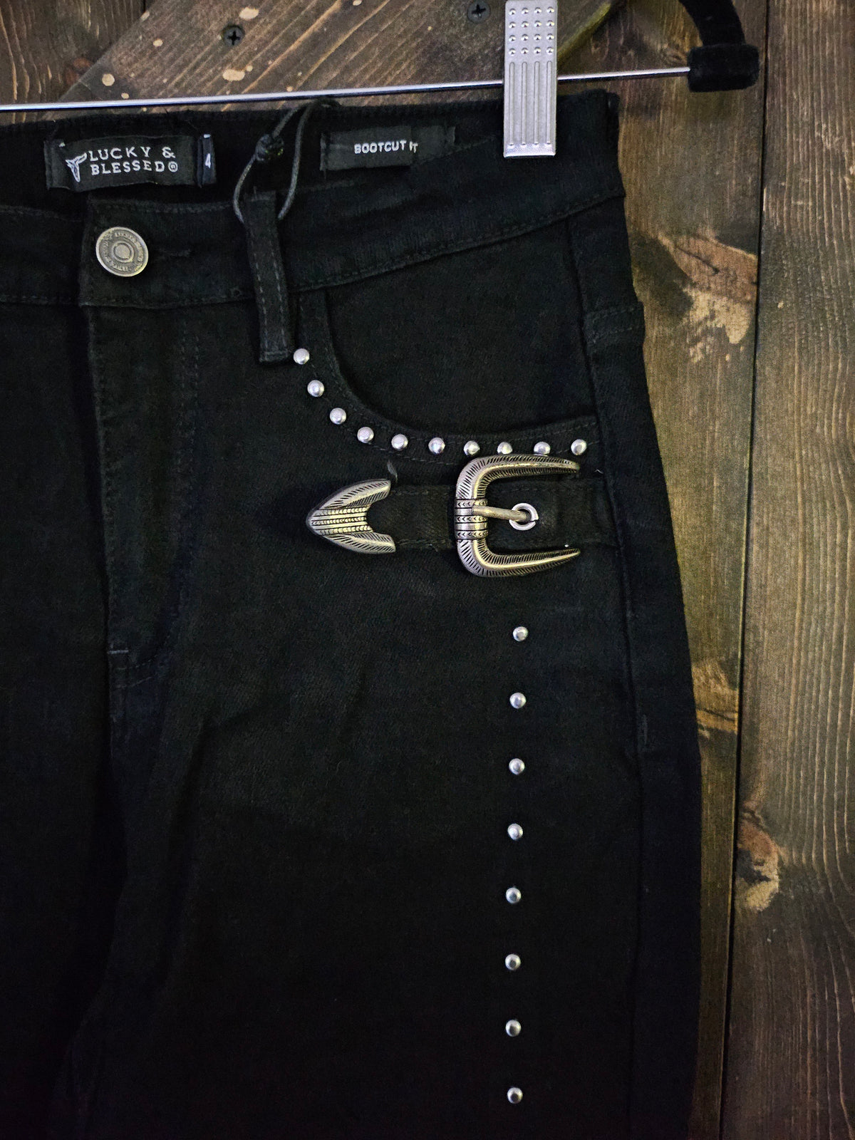 Black Vintage Studded Front Side Buckle Pants
