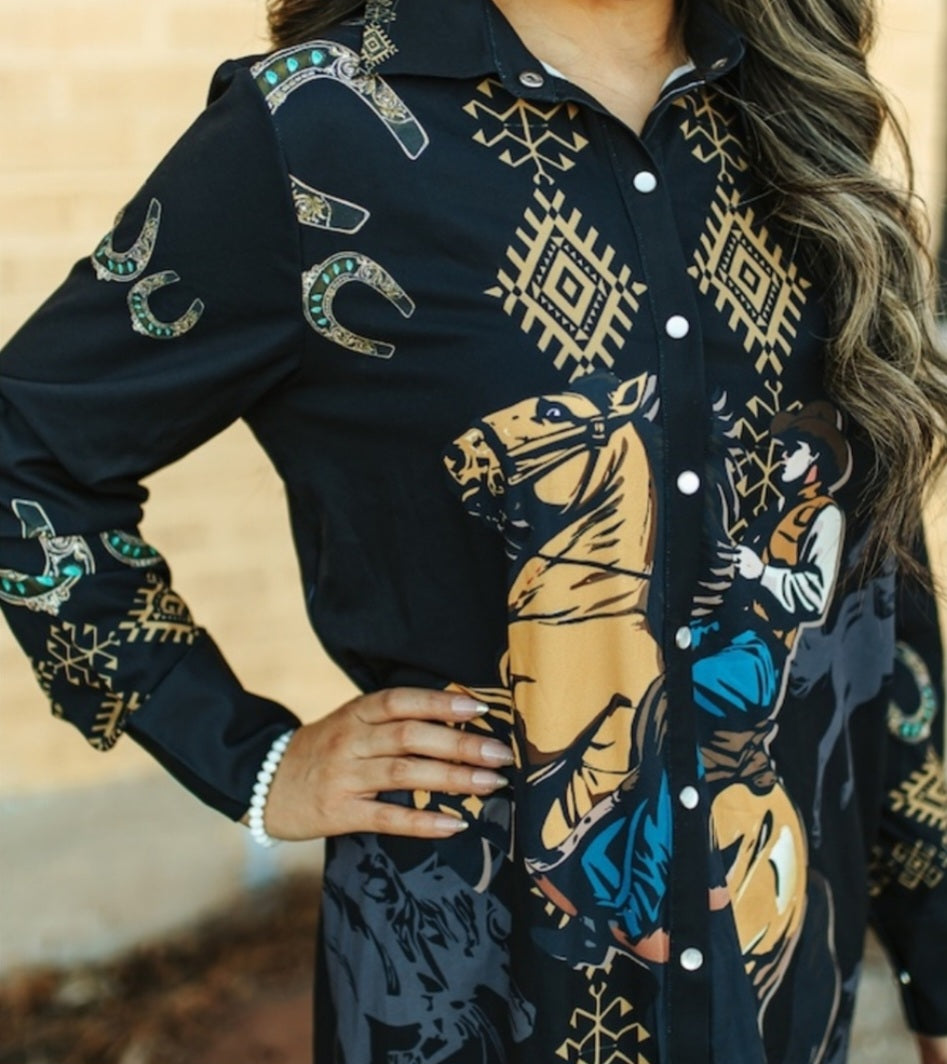 Black Riding Cowboy Aztec Button Down Maxi Shirt Dress