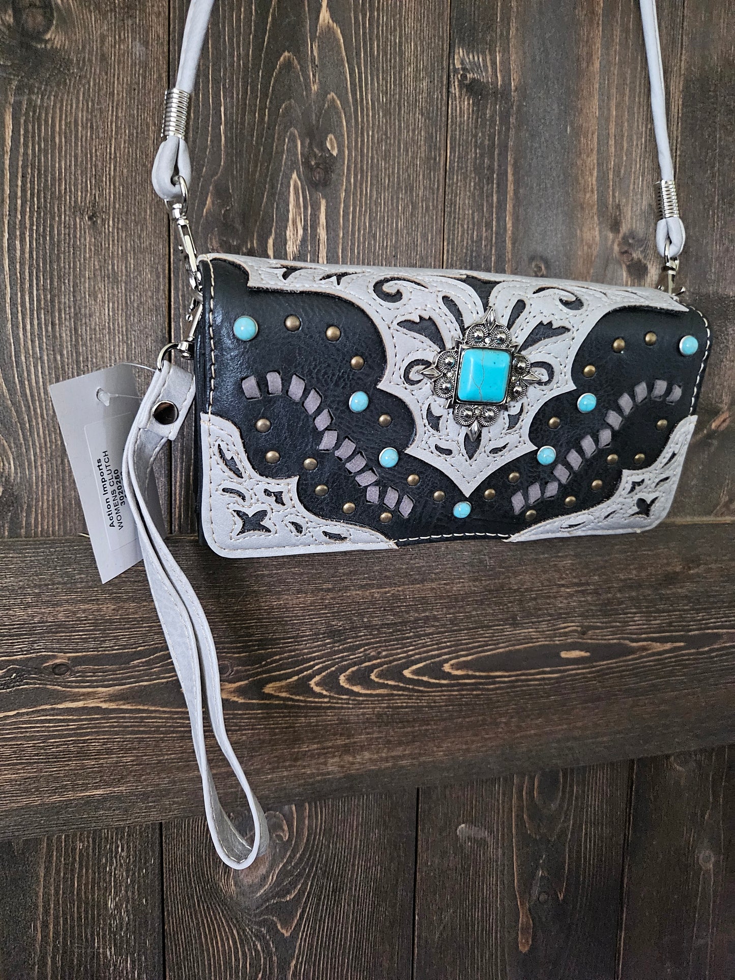 Western Faux Leather Turquoise Accent Wallet Crossbody Wristlet