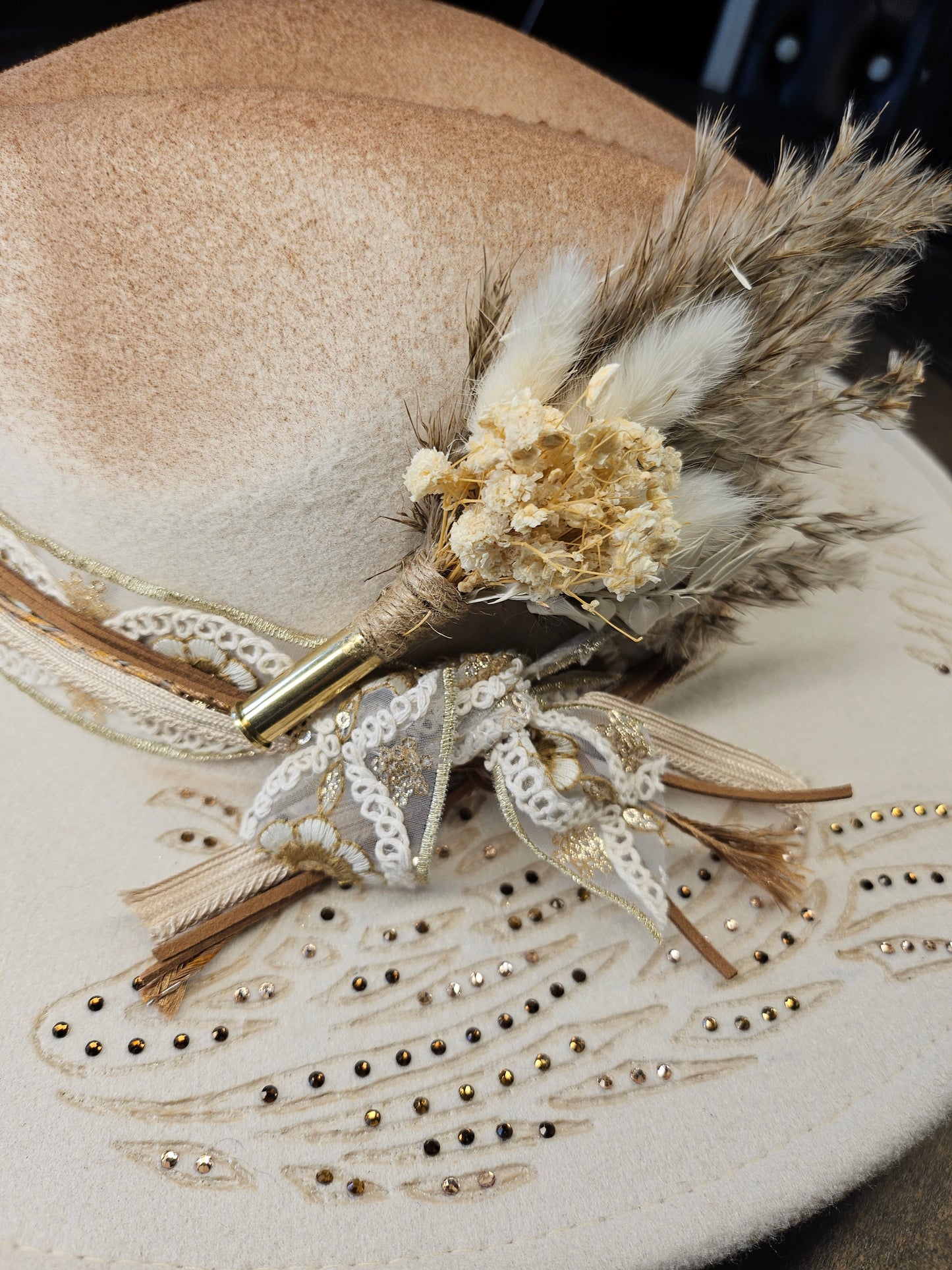 Fedora-Style Cowboy Hat Hand Burned With Wings And Rhinestones