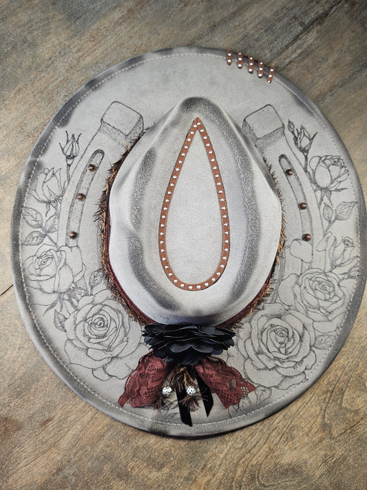 Grey Suede Hand Burned Fedora Style Cowboy Hat With Roses