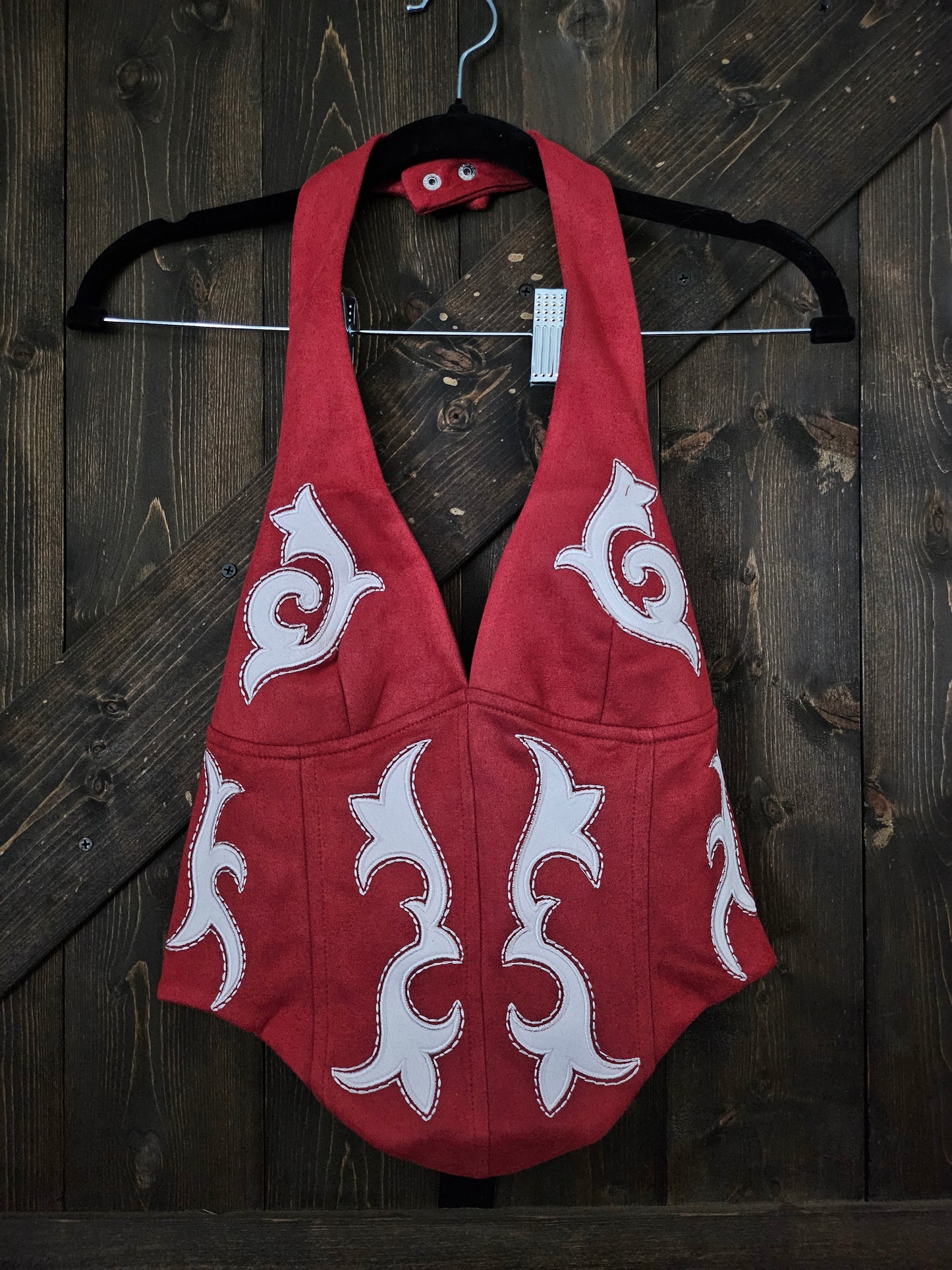 Red Ivory Contrast Boot-Stitch Fabric Halter Top