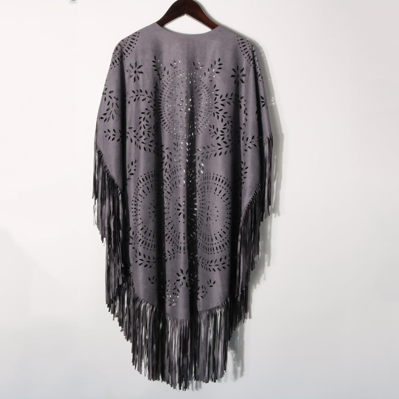 Western fringe cutout poncho shawl