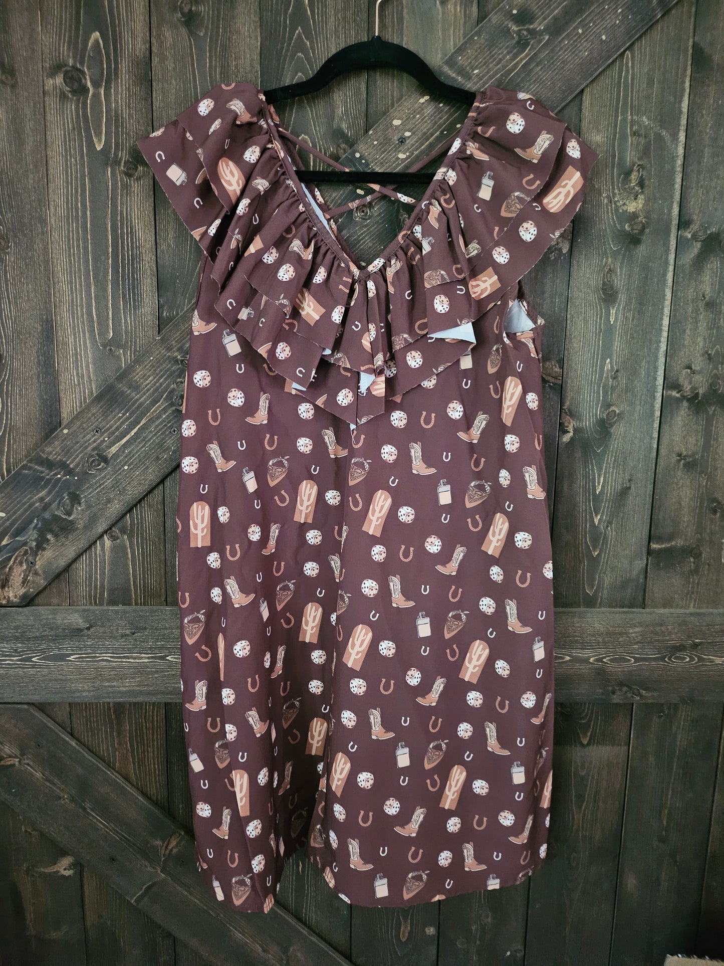 Brown Pocket Dress Double Ruffle CrissCross Back Detail