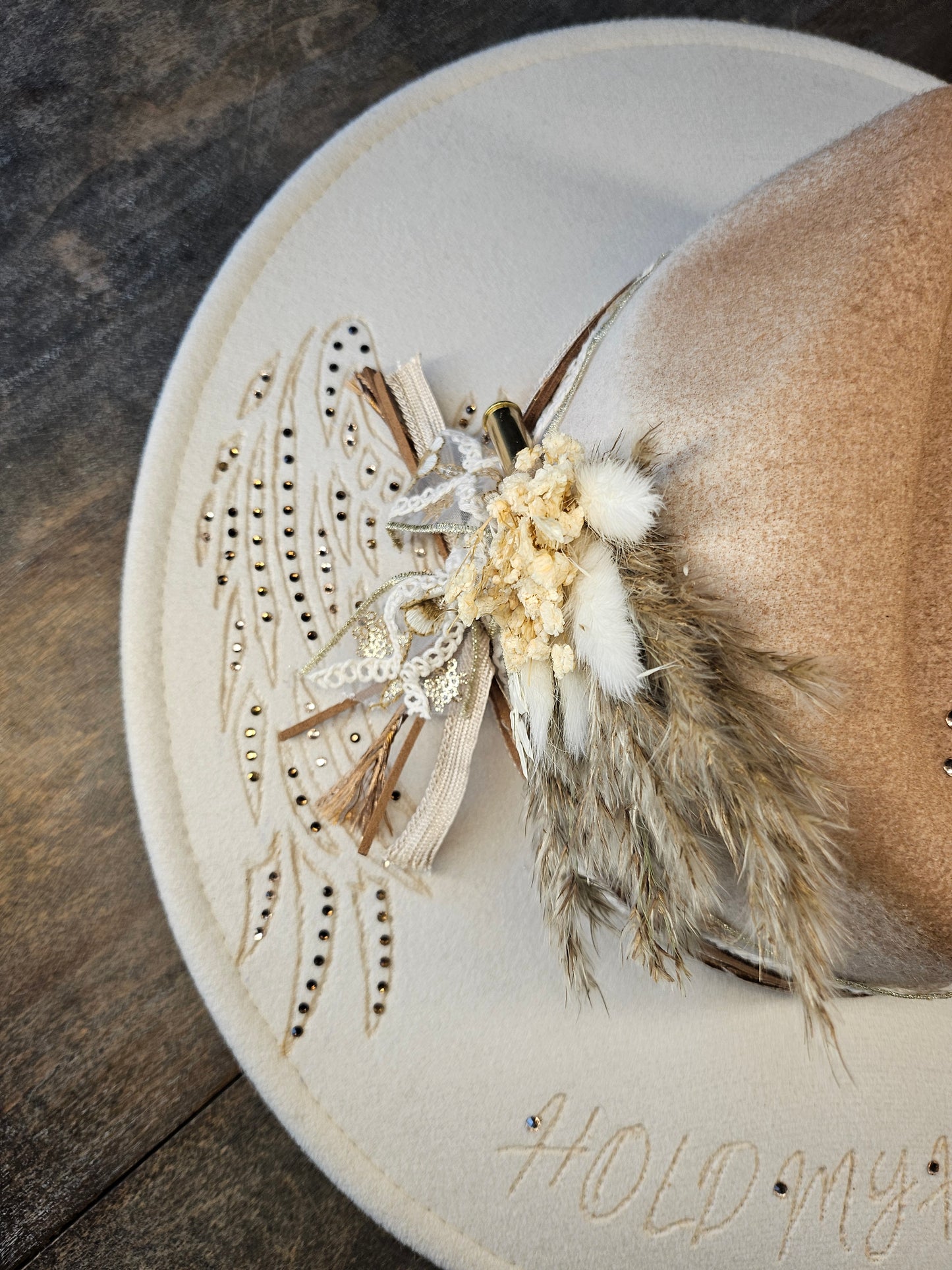 Fedora-Style Cowboy Hat Hand Burned With Wings And Rhinestones