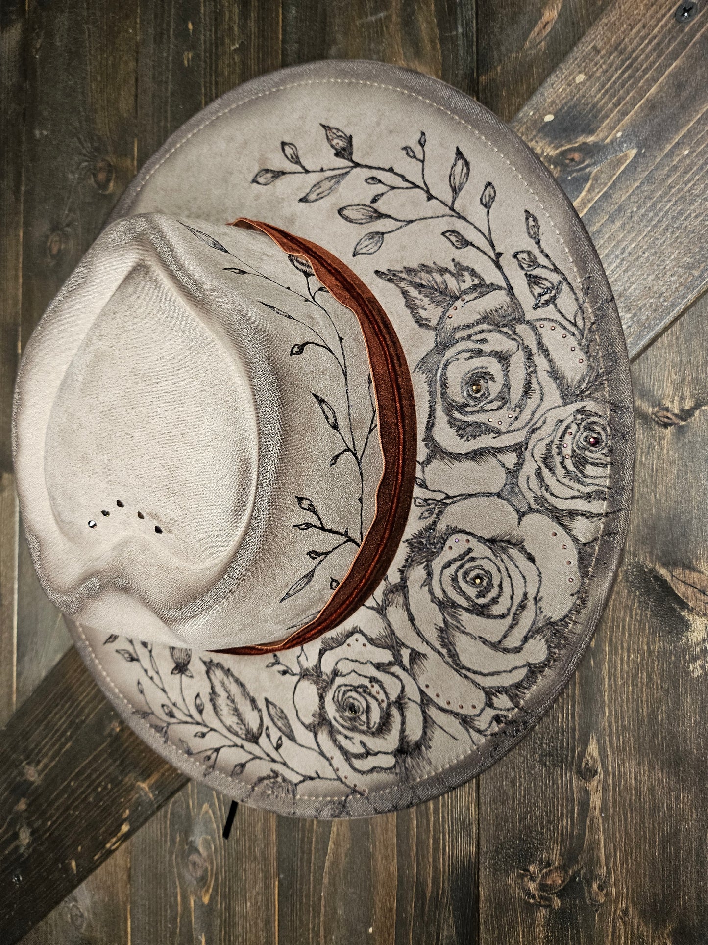 Fedora-Style Cowboy Hat With Heart Top, Hand Burned With Roses and Rhinestones