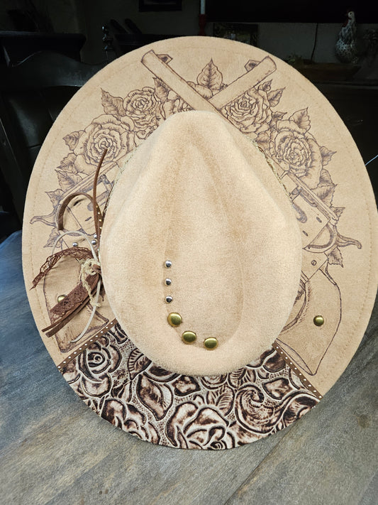 Fedora-Style Cowboy Hat Hand Burned With Guns And Roses