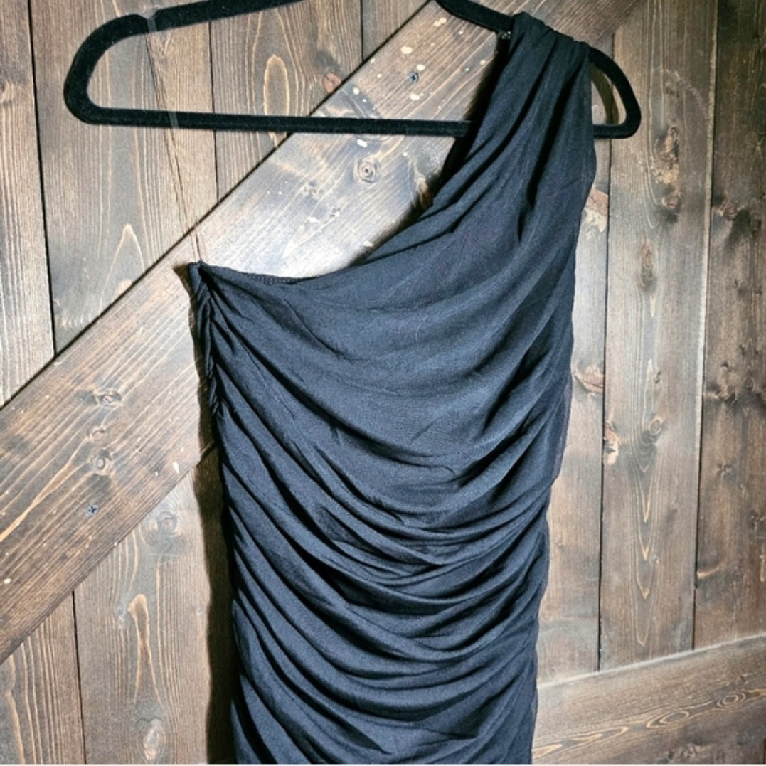 Black Dress With One Shoulder, Wrapped Rouching