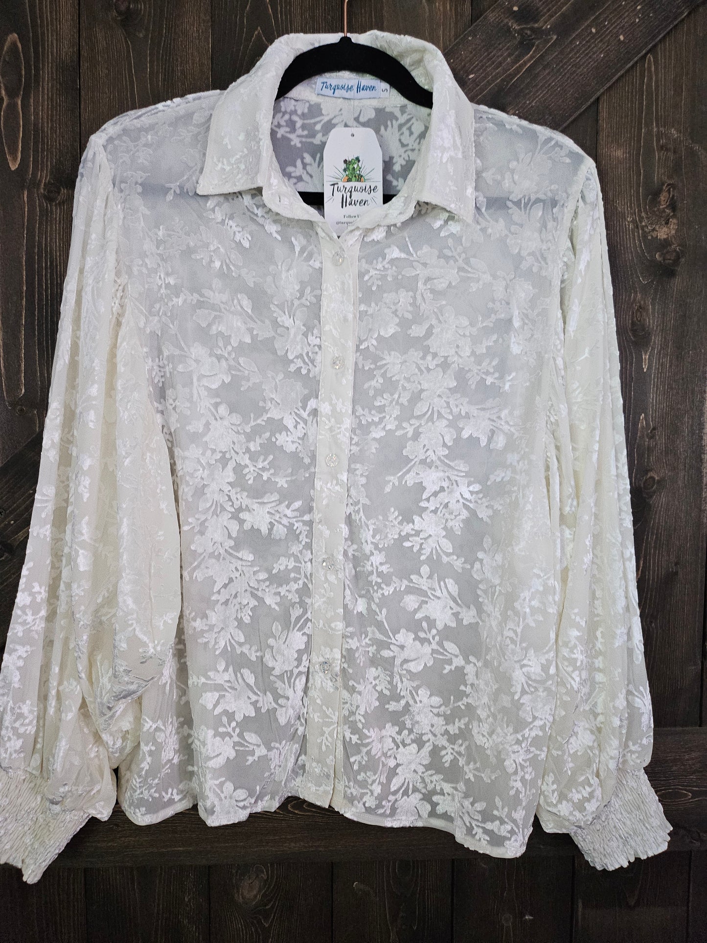 Ivory Burnout Velvet Mesh Balloon Sleeve Button Up Blouse