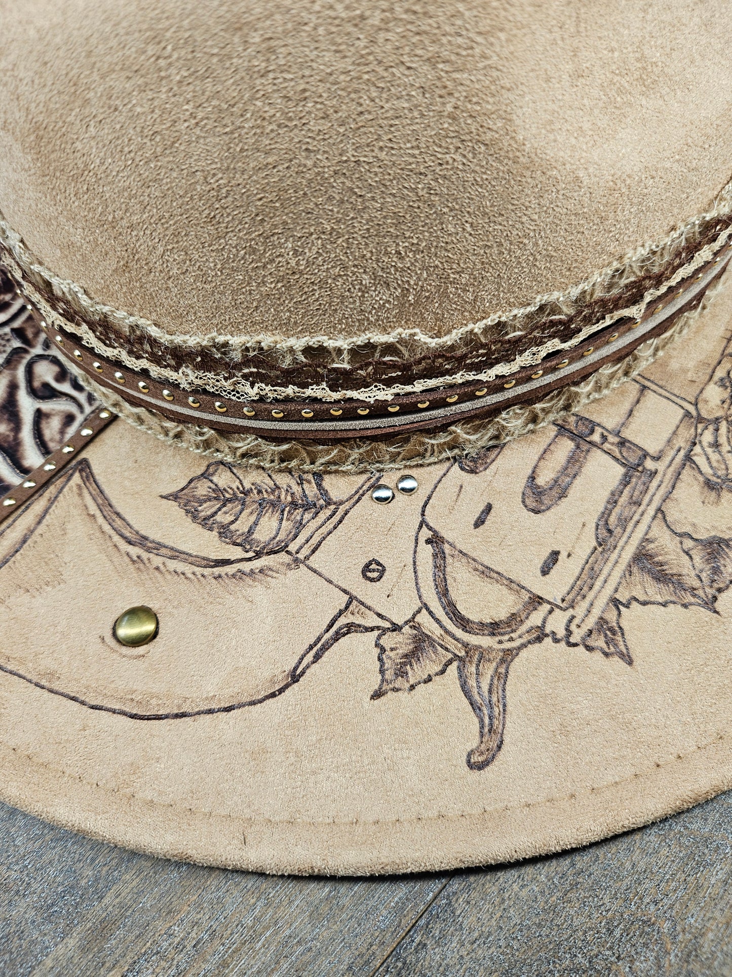 Fedora-Style Cowboy Hat Hand Burned With Guns And Roses