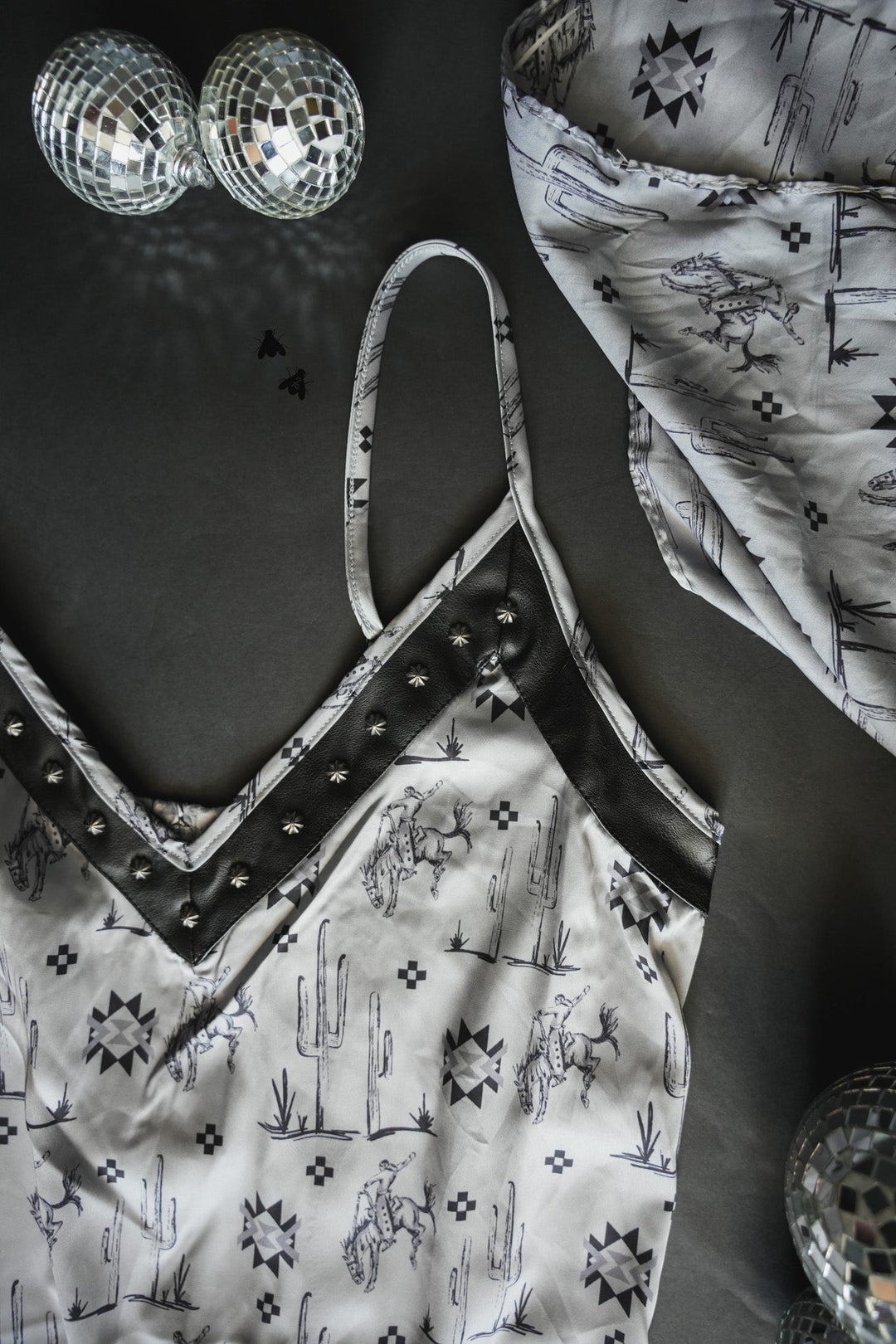 Western print slip dress with leather trim
