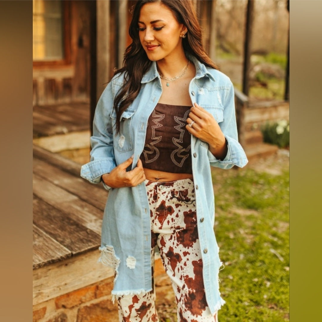 Stylish Distressed medium wash Blue Denim Jacket Top