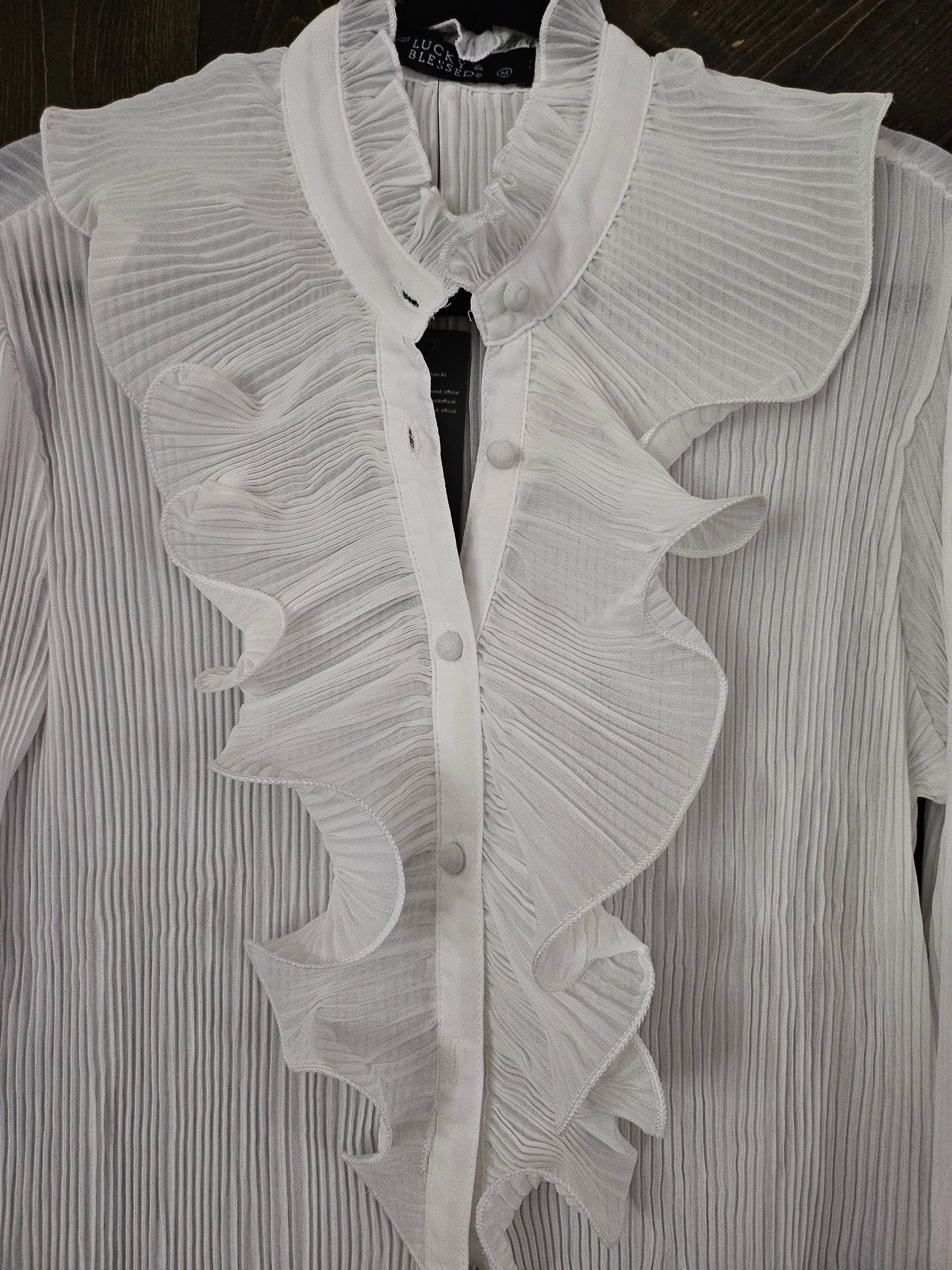 White Blouse With Sheer long Sleeve Ruffle Front