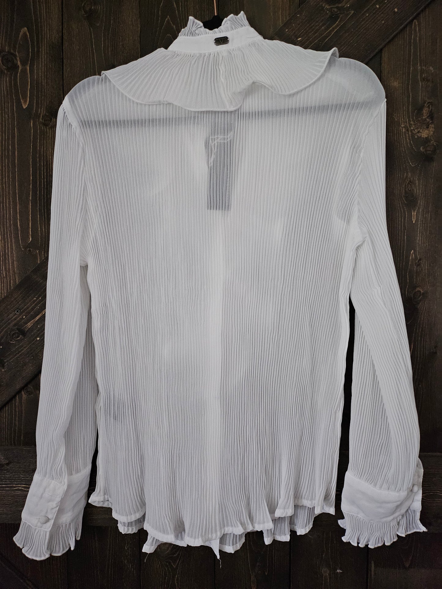 White Blouse With Sheer long Sleeve Ruffle Front